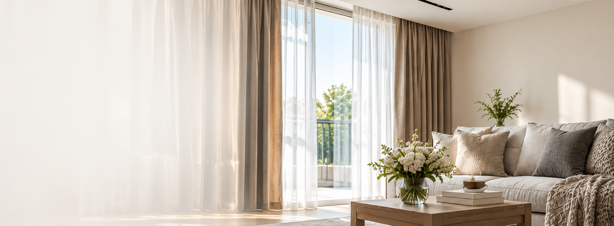 Bytový textil v prosvětleném interiéru s jemnými závěsy